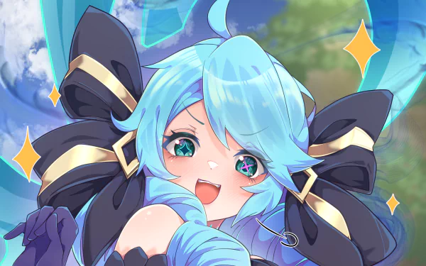 HD PC desktop wallpaper: Gwen (League of Legends) smiling with blue hair, big bows and sparkles — vibrant League of Legends video game background.