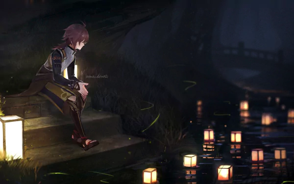 HD PC desktop wallpaper featuring Shikanoin Heizou from the video game Genshin Impact, sitting on steps near glowing lanterns in a dark, serene setting.