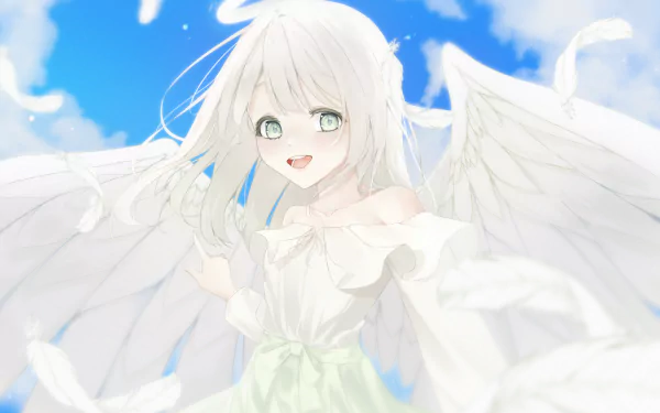 4K Ultra HD PC desktop wallpaper/background: a smiling anime angel with white hair and large wings in a pastel dress, feathers drifting against a bright blue sky.