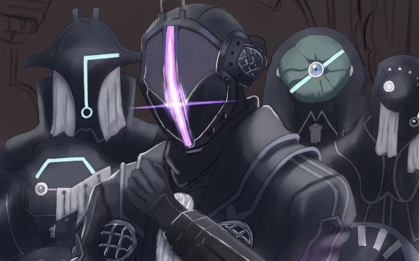 HD anime desktop wallpaper: shadowy group of helmeted, mechanized explorers from Made in Abyss, central figure with a glowing purple visor against an eerie cavern backdrop.