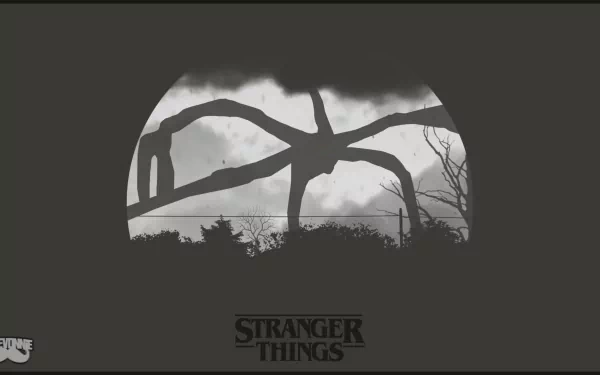 Stranger Things TV show 8K Ultra HD PC desktop wallpaper: monochrome silhouette of a towering spider-like shadow looming over treetops with the Stranger Things logo below.
