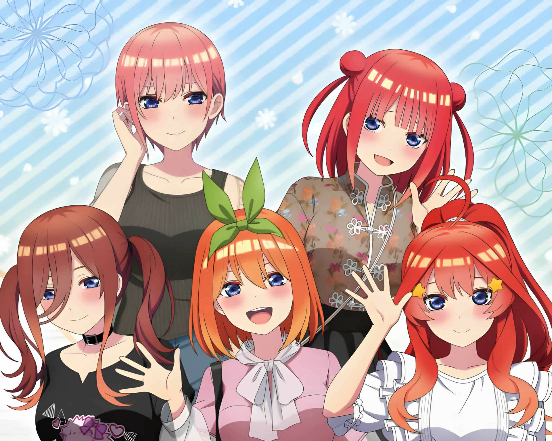 HD PC desktop wallpaper of the five Nakano quintuplets — Itsuki, Ichika, Yotsuba, Nino and Miku — smiling in colorful anime style from The Quintessential Quintuplets.