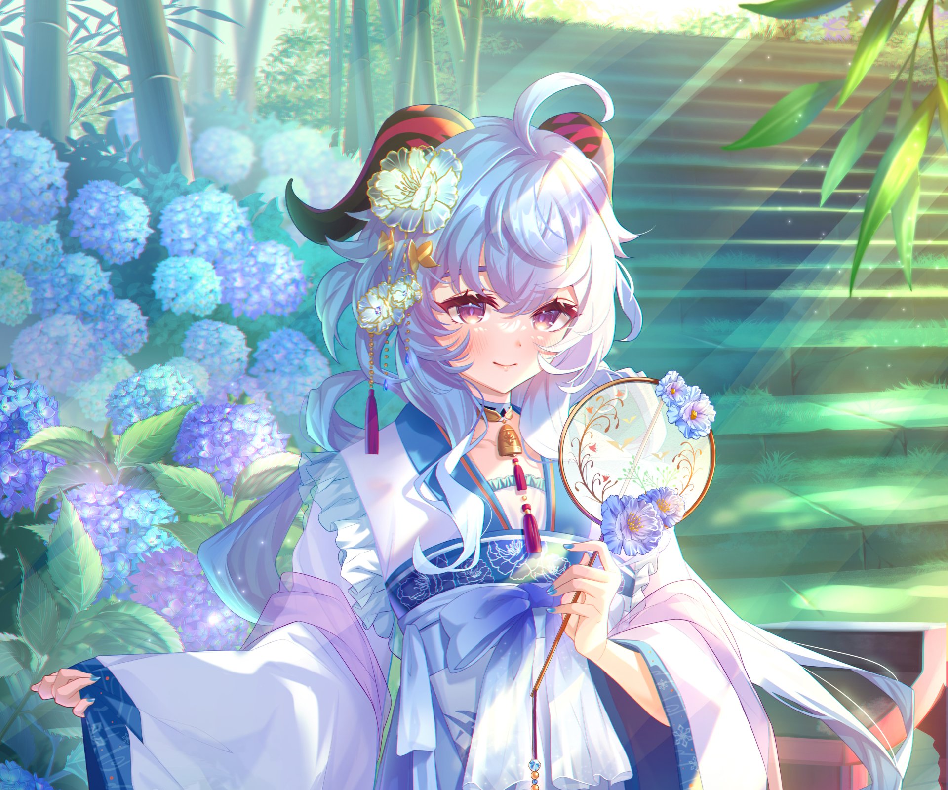 Ganyu from Genshin Impact is depicted in a vibrant 4K Ultra HD PC wallpaper, surrounded by lush hydrangeas and soft sunlight filtering through greenery.