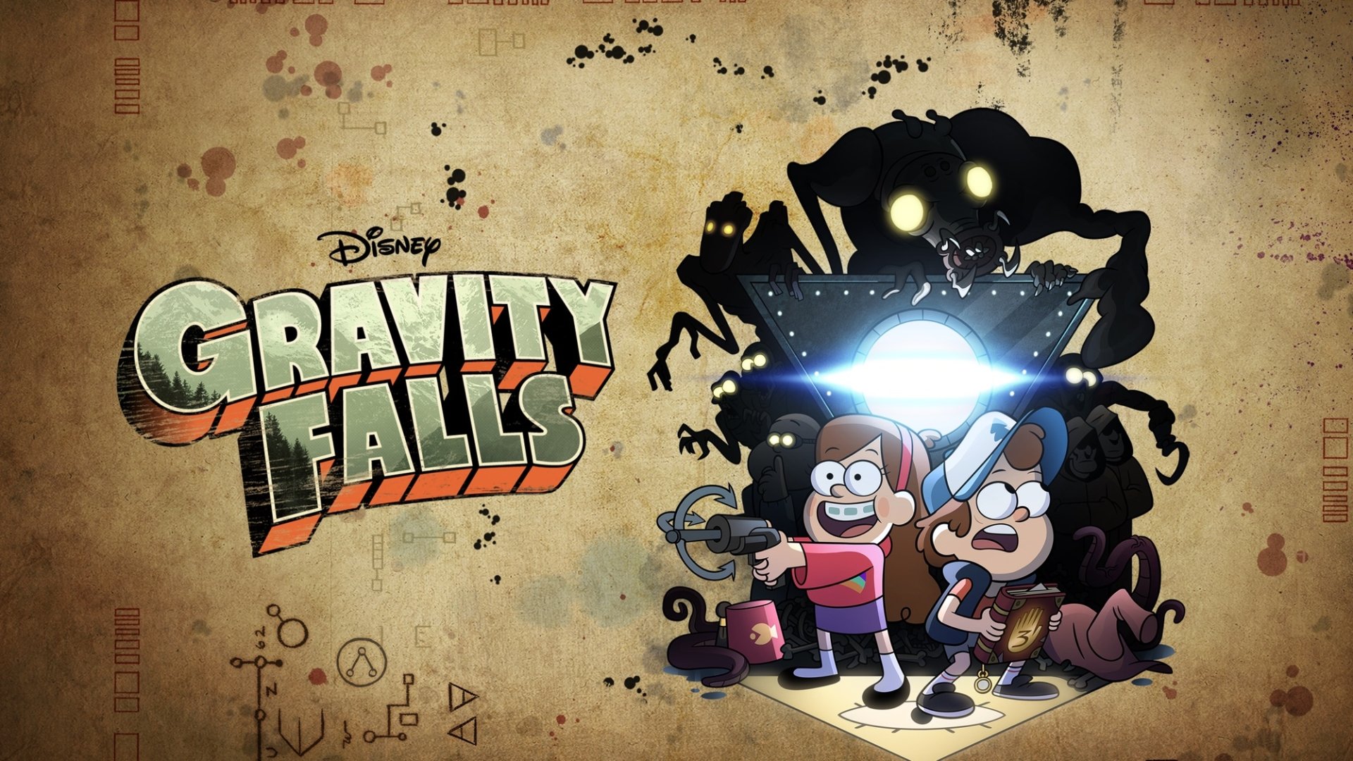 HD Gravity Falls desktop wallpaper featuring Dipper Pines and Mabel Pines facing a glowing monster silhouette, with the show's logo in a vintage style background.