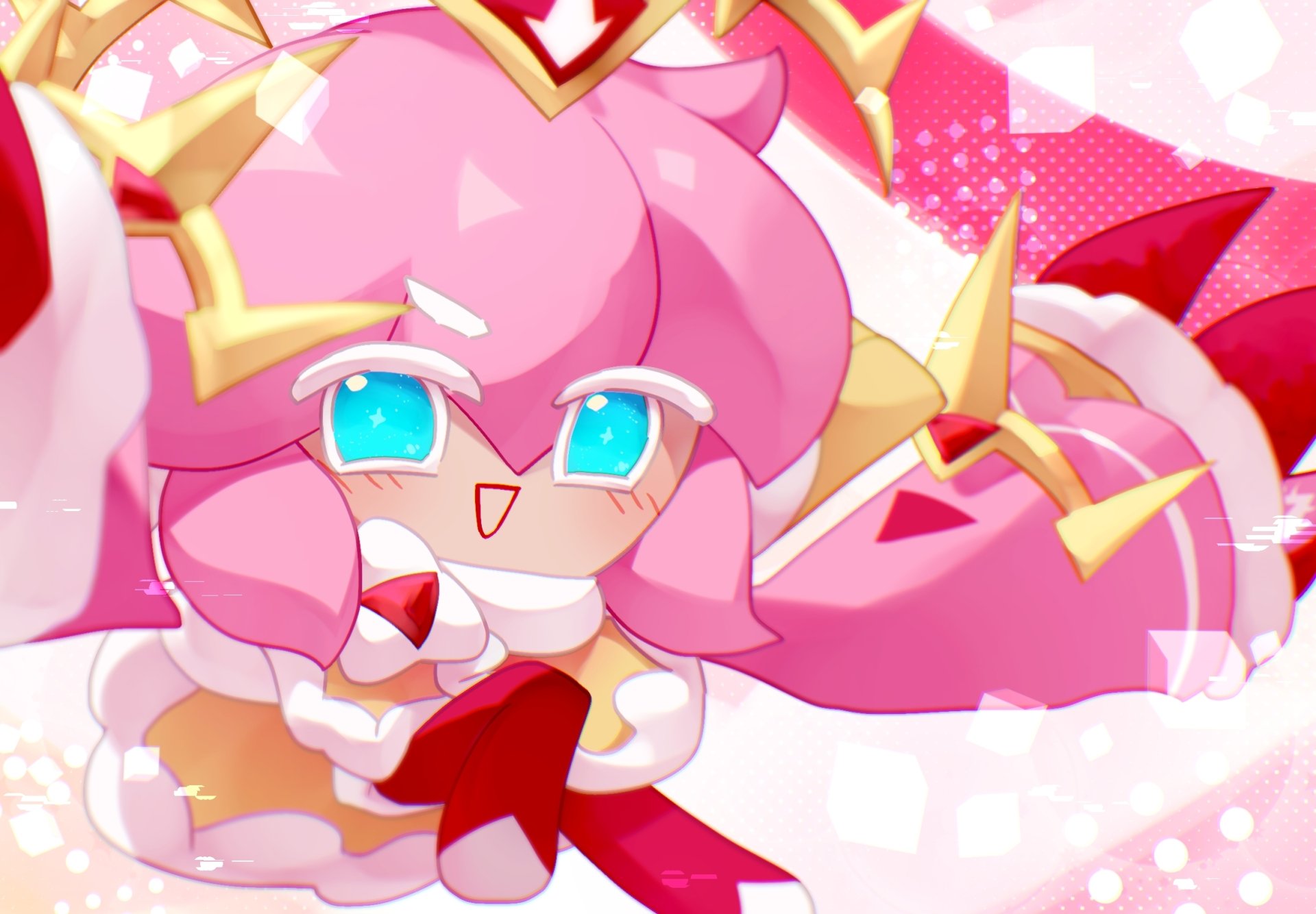 HD PC desktop wallpaper featuring Strawberry Crepe Cookie from the video game COOKIE RUN: KINGDOM with vibrant colors and detailed anime-style art.