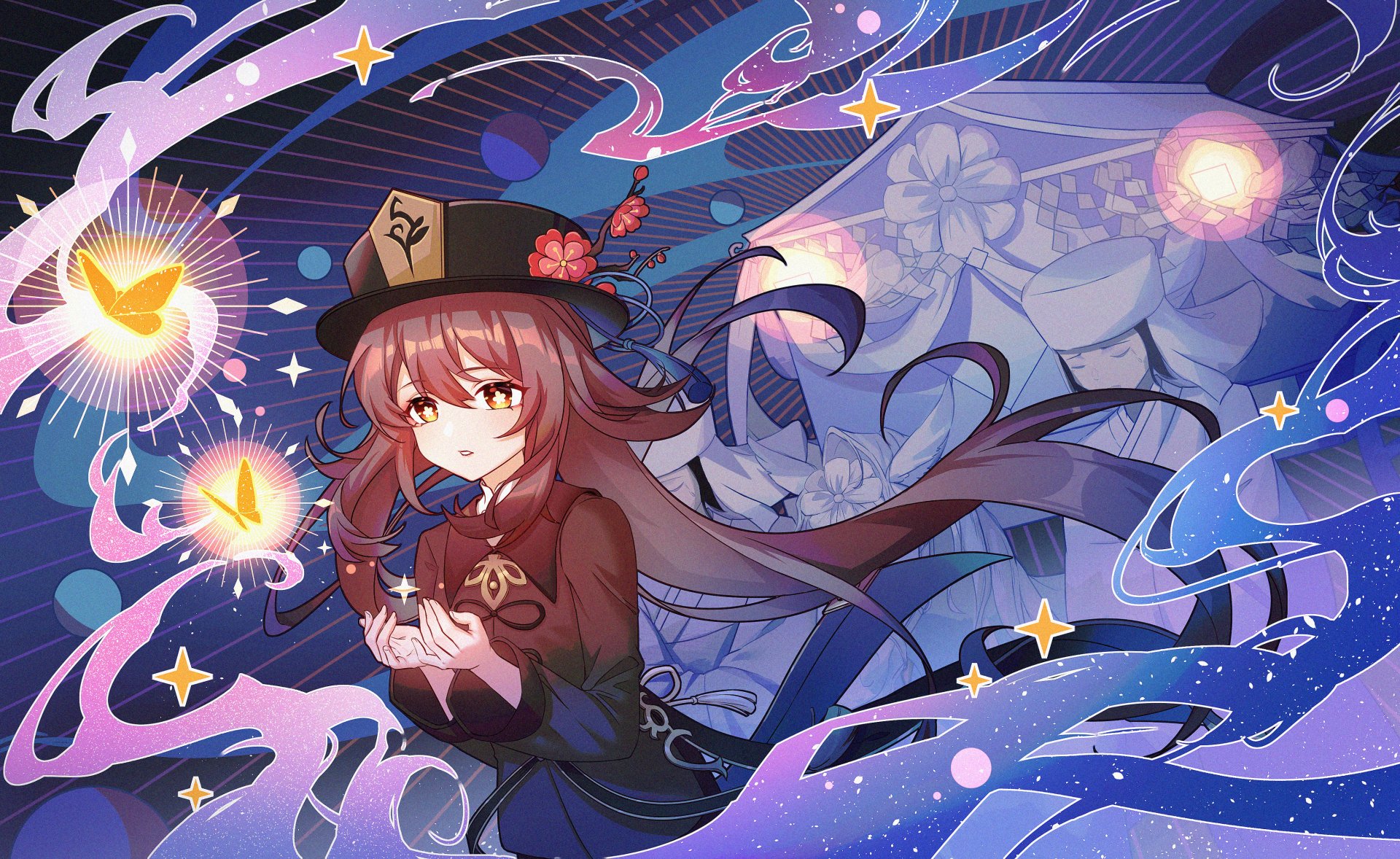 4K Ultra HD PC desktop wallpaper featuring Hu Tao from the video game Genshin Impact, surrounded by ethereal flames and swirling mystical patterns.