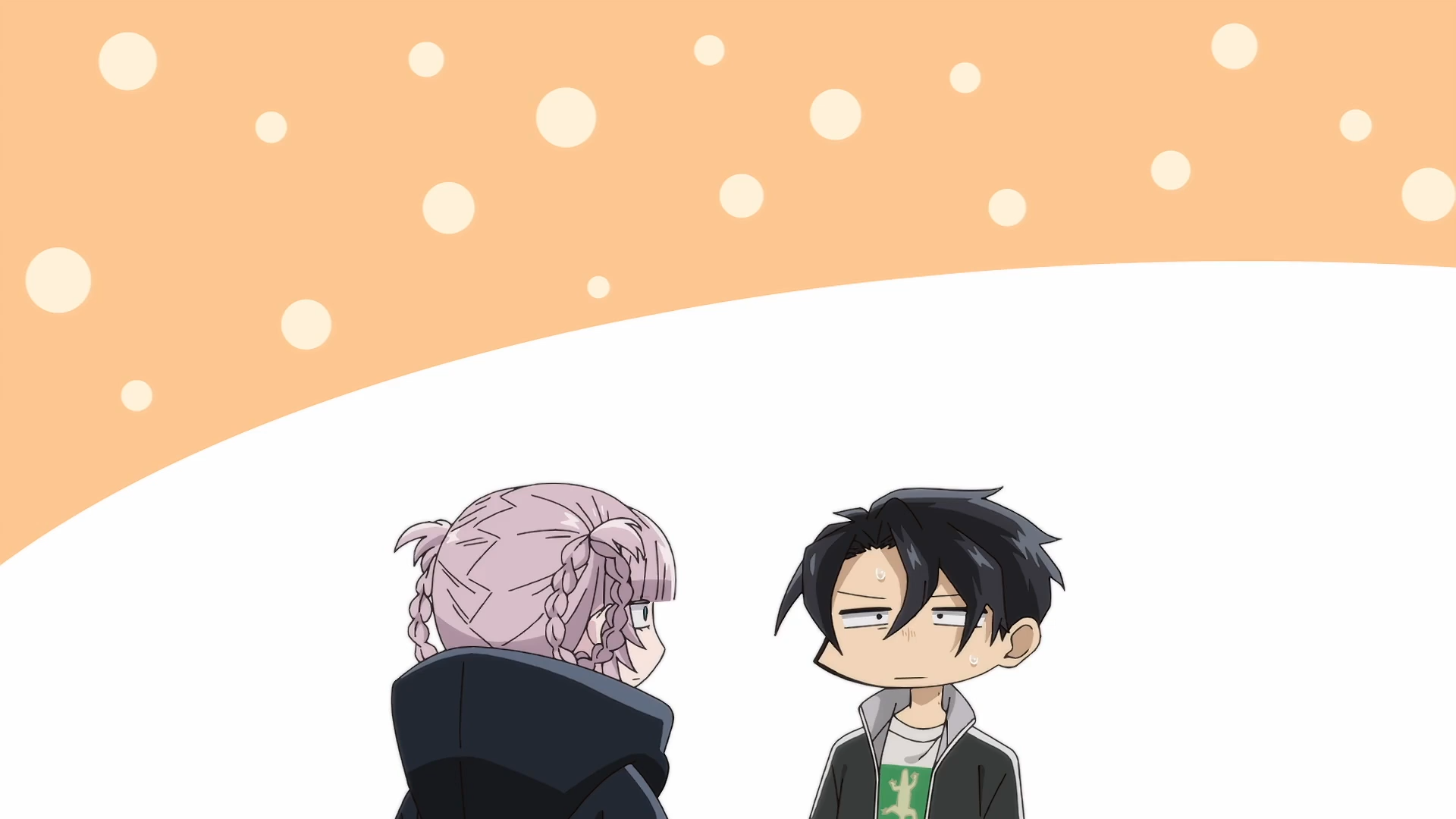 HD PC desktop wallpaper featuring Kou Yamori and Nazuna Nanakusa from the anime Call of the Night against a soft peach and white background.