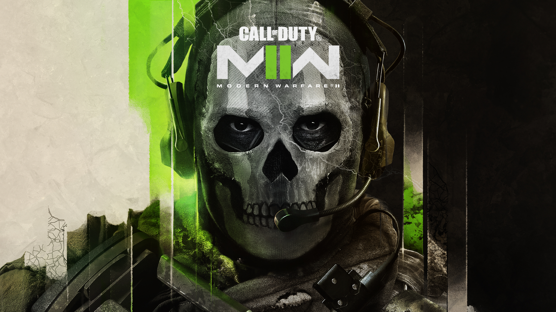 HD wallpaper featuring Call of Duty: Modern Warfare II logo with a skull-masked character for desktop background.