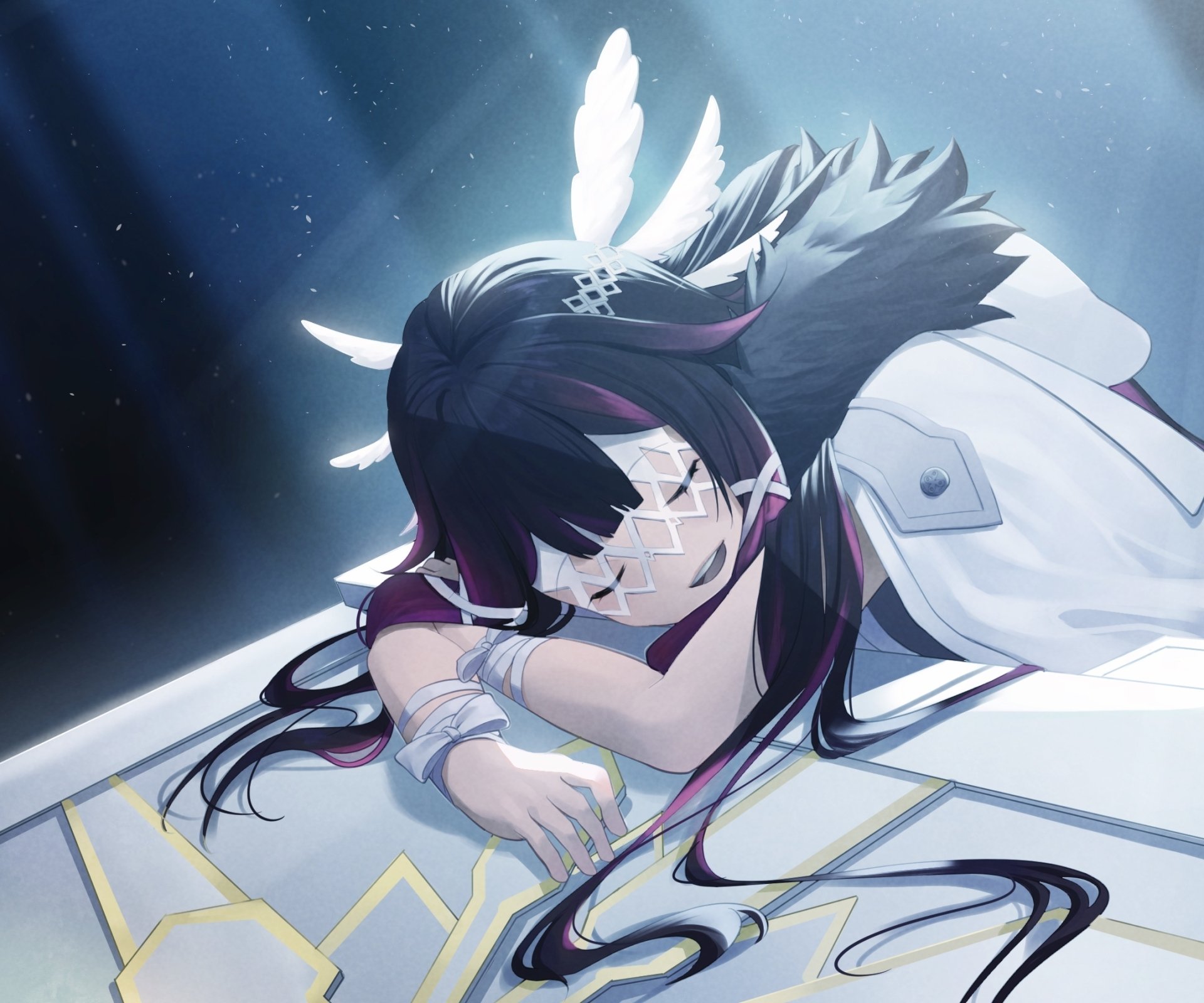 HD PC desktop wallpaper featuring Columbina from the video game Genshin Impact, depicted resting with a serene, cosmic background.