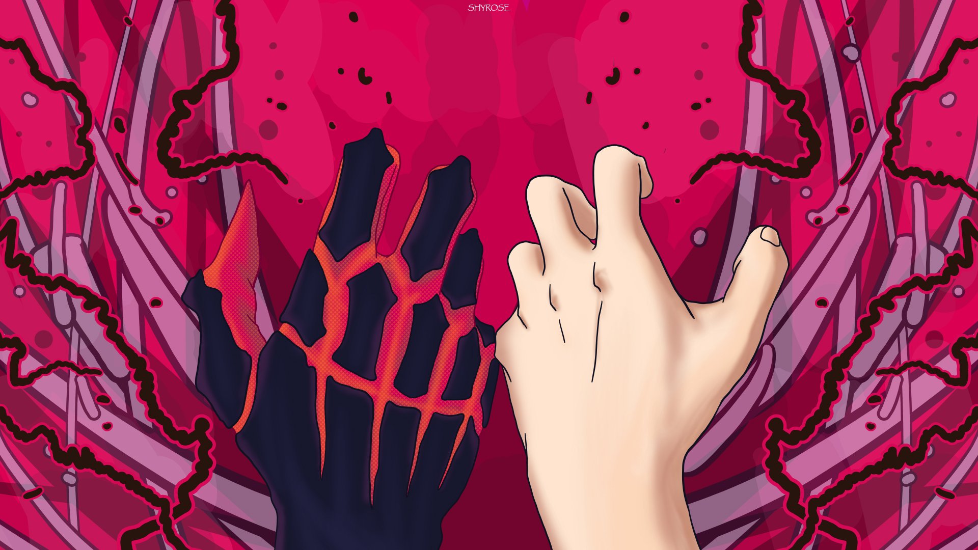 Anime-themed HD PC desktop wallpaper from Black Clover, featuring two hands—one demonic and one human—reaching toward a red, cracked background.