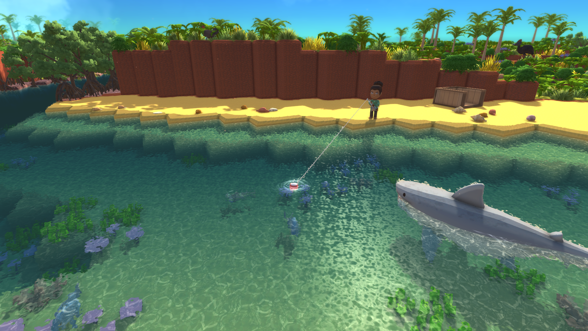 HD Wallpaper: Dinkum game fishing scene with character on the beach and shark in water.