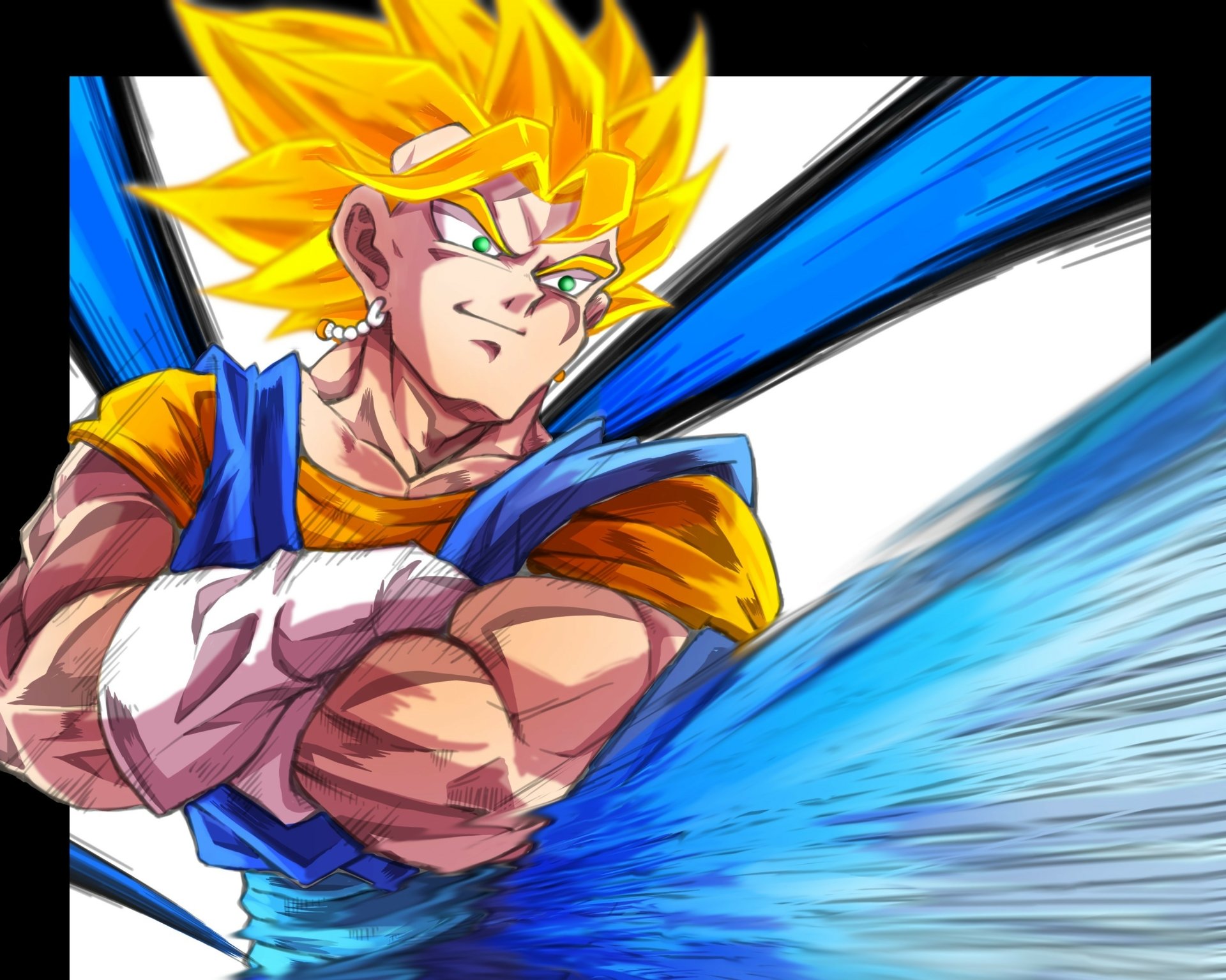 Vegito (Dragon Ball) as Super Saiyan, arms crossed with a confident smirk and blue energy streaks, vibrant anime 2K Quad HD PC desktop wallpaper/background.