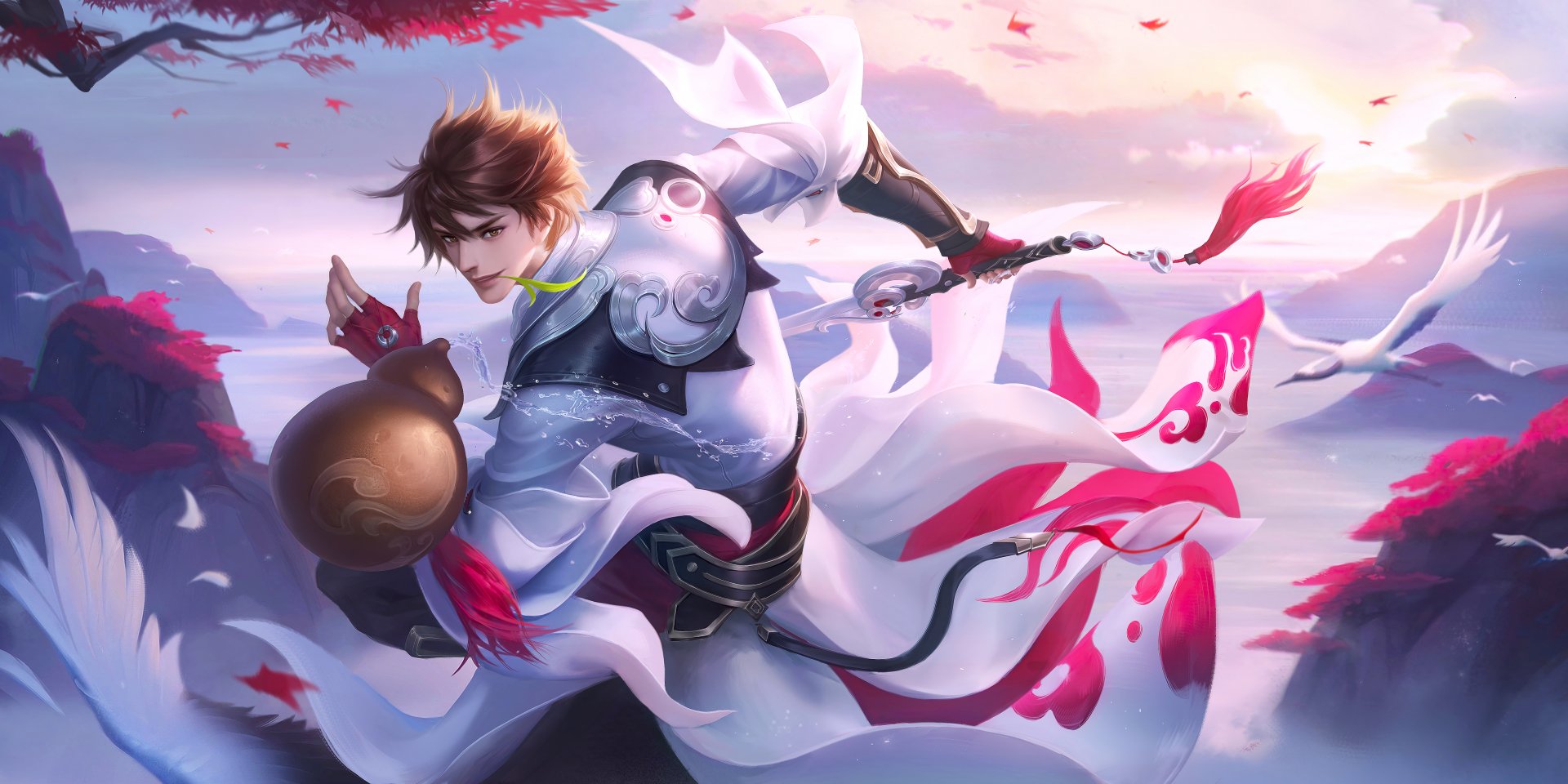 5K Ultra HD PC desktop wallpaper from the video game Honor of Kings: a dynamic male warrior in white flowing robes and armor lunges with a polearm amid pink petals and a pastel sky.