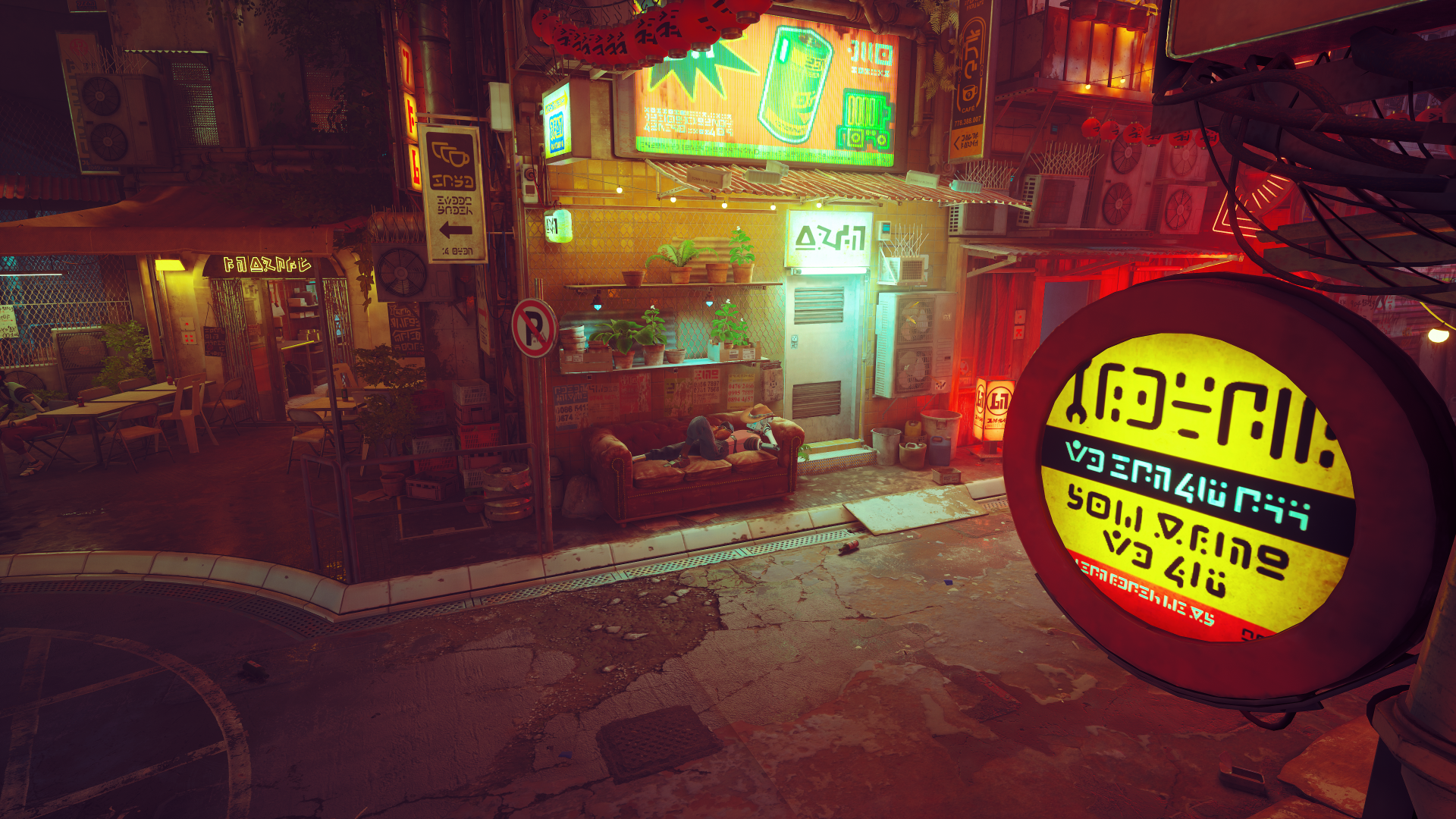 A detailed 4K Ultra HD PC desktop wallpaper from the video game Stray, showcasing a neon-lit urban street scene with futuristic signs and a cozy storefront.