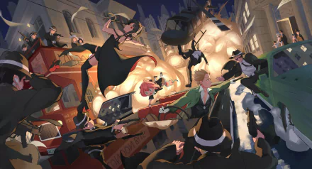 An 8K Ultra HD desktop wallpaper featuring Loid Forger, Anya Forger, and Yor Forger from the anime Spy x Family in an action-packed city scene.