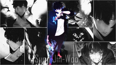 HD digital art collage of Sung Jin-Woo from Solo Leveling, featuring dynamic anime-style edits and intense expressions in a dark-themed desktop wallpaper.