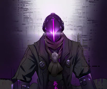 HD anime desktop wallpaper featuring Bondrewd from Made in Abyss, showcasing a dark, mysterious figure with a glowing purple visor and detailed mechanical suit.