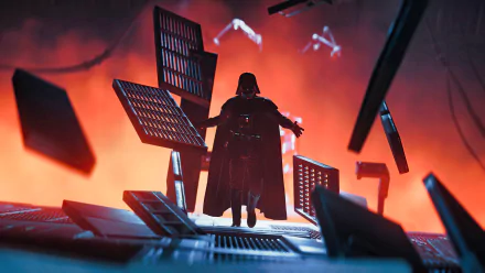 Darth Vader stands amid floating TIE fighters in a dark, fiery scene from the Star Wars Jedi: Fallen Order video game, captured as an HD PC desktop wallpaper.