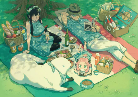 HD desktop wallpaper of the anime Spy x Family, featuring Yor Forger, Loid Forger, Anya Forger, and Bond enjoying a picnic on a grassy field with baskets and food surrounding them.