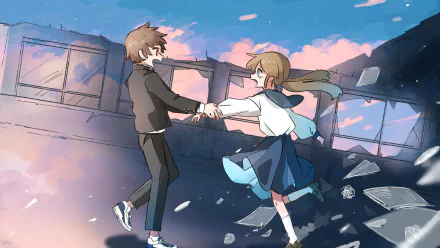 Anime couple holding hands and twirling on a shattered rooftop beneath a pastel sunset, papers drifting in the breeze — HD PC desktop wallpaper/background.