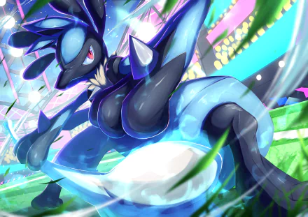HD PC desktop wallpaper featuring Lucario from the Pokémon video game series in a dynamic, vibrant action pose with glowing effects and colorful background.