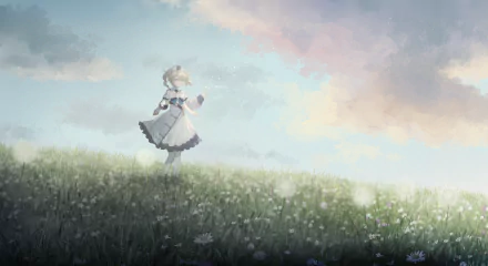 HD PC desktop wallpaper featuring Barbara from the video game Genshin Impact standing in a flower-filled meadow under a soft, pastel sky.