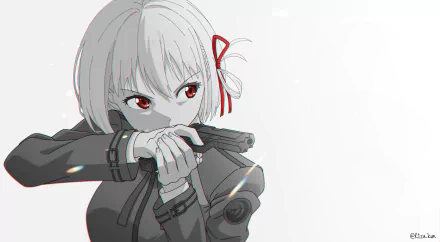 Chisato Nishikigi from Lycoris Recoil aiming a handgun, depicted in a detailed 4K Ultra HD anime-style desktop wallpaper.