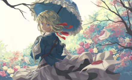 Vibrant HD PC desktop wallpaper featuring Violet Evergarden holding a parasol amid blooming flowers, captured in detailed anime style.