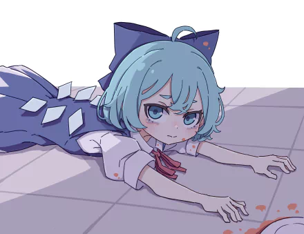 Anime-style 4K Ultra HD desktop wallpaper featuring Cirno from Touhou with blue hair and icy-themed attire, lying down with a determined expression.
