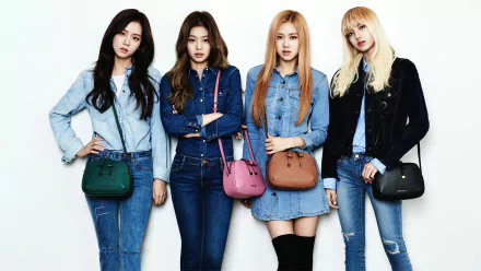 4K Ultra HD desktop wallpaper featuring the music group BlackPink posing stylishly in denim outfits with colorful handbags against a plain white background.