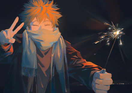 HD anime desktop wallpaper featuring Shōyō Hinata from Haikyū!! holding a sparkler and making a peace sign, wrapped in a scarf against a dark background.