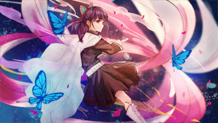 Kanao Tsuyuri from Demon Slayer in a flowing white cape and school uniform, surrounded by pink petals and blue butterflies — 2K Quad HD PC desktop wallpaper/background.