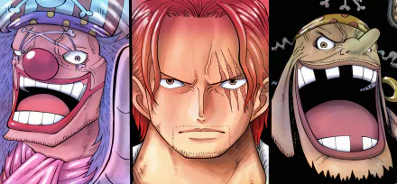 HD PC desktop wallpaper featuring One Piece characters Marshall D. Teach, Shanks, and Buggy in detailed anime style.