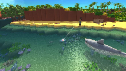 HD Wallpaper: Dinkum game fishing scene with character on the beach and shark in water.