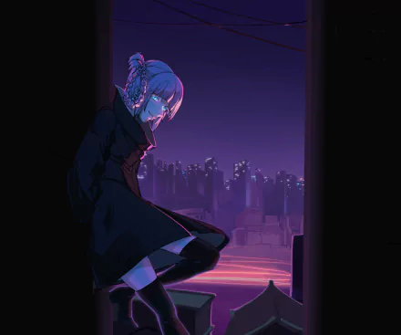 Nazuna Nanakusa from Call of the Night sits pensively on a rooftop against a glowing purple cityscape in this 4K Ultra HD anime desktop wallpaper.