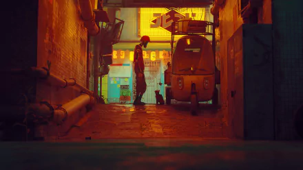 2K Quad HD PC desktop wallpaper/background from the video game Stray: neon-lit alleyway with a lone figure, a small three-wheeled vehicle and a cat backlit by glowing shop signs.