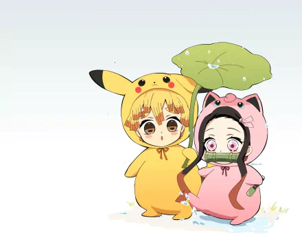 HD anime desktop wallpaper featuring Nezuko Kamado and Zenitsu Agatsuma from Demon Slayer: Kimetsu no Yaiba in cute animal-themed costumes.