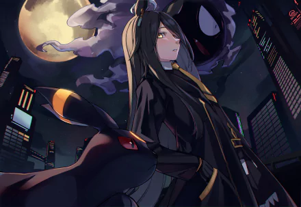 Anime-style crossover wallpaper featuring Umbreon and a dark-haired character at Manhattan Café under a glowing full moon in a 4K Ultra HD cityscape background.