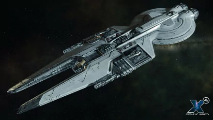 HD wallpaper of a spaceship from X4: Foundations game set against a starry space background.