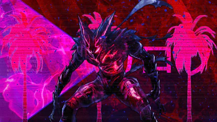 HD PC desktop wallpaper featuring Garou from One-Punch Man in a vibrant, neon-colored anime style with phonk-inspired visuals and palm tree silhouettes.