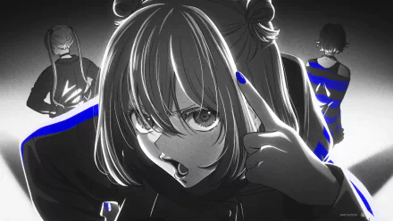 HD anime wallpaper from A Couple of Cuckoos by Sachi Umino, featuring a close-up of a girl with twin buns and two shadowed figures in the background with blue highlights.