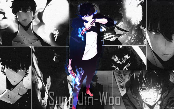 HD digital art collage of Sung Jin-Woo from Solo Leveling, featuring dynamic anime-style edits and intense expressions in a dark-themed desktop wallpaper.
