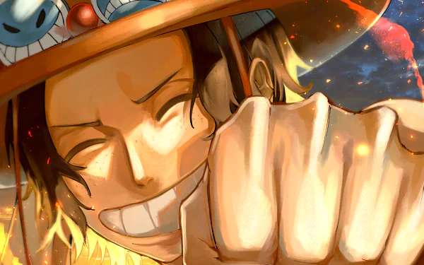 Portgas D. Ace (One Piece) anime close-up, grinning with fiery fist and brimmed hat, dynamic 2K Quad HD PC desktop wallpaper.