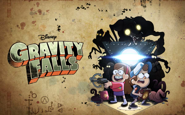 HD Gravity Falls desktop wallpaper featuring Dipper Pines and Mabel Pines facing a glowing monster silhouette, with the show's logo in a vintage style background.