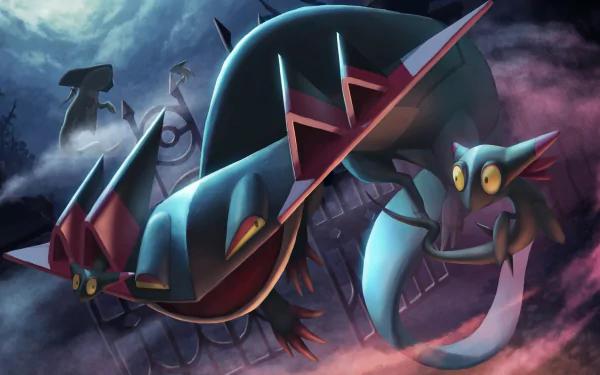 4K Ultra HD desktop wallpaper featuring Dragapult from Pokémon: Sword and Shield, set against a dark, mysterious background capturing its dynamic, ghostly presence.