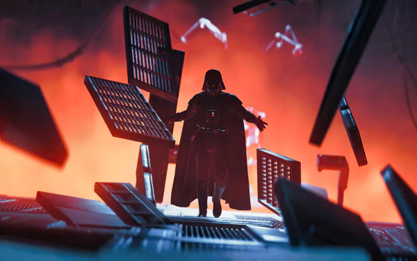 Darth Vader stands amid floating TIE fighters in a dark, fiery scene from the Star Wars Jedi: Fallen Order video game, captured as an HD PC desktop wallpaper.