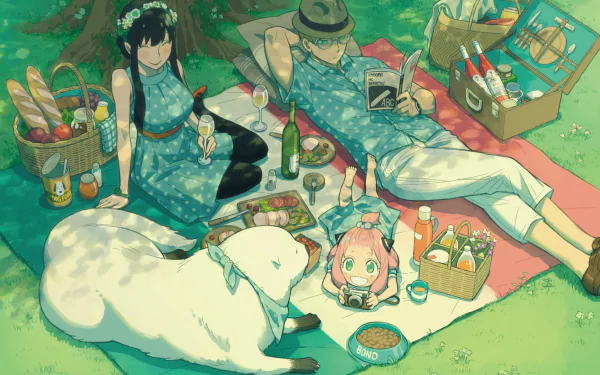 HD desktop wallpaper of the anime Spy x Family, featuring Yor Forger, Loid Forger, Anya Forger, and Bond enjoying a picnic on a grassy field with baskets and food surrounding them.