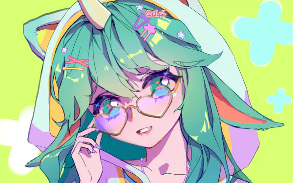 HD PC wallpaper of Soraka from the video game League of Legends: stylized green-haired anime portrait in a cat-eared hoodie and round glasses against a vibrant pastel background.