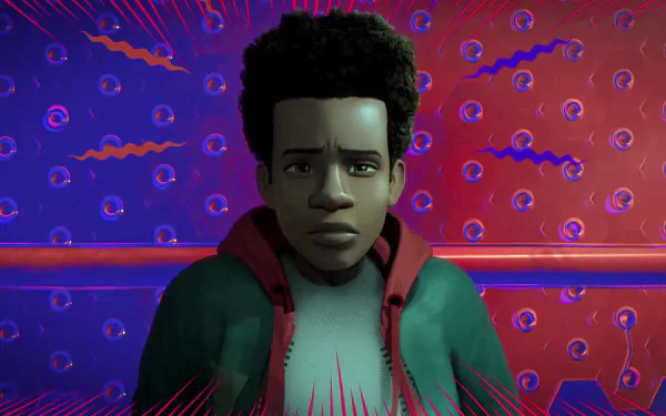 Miles Morales from Spider-Man: Into the Spider-Verse against a neon red-and-purple patterned backdrop — 2K Quad HD PC desktop wallpaper.