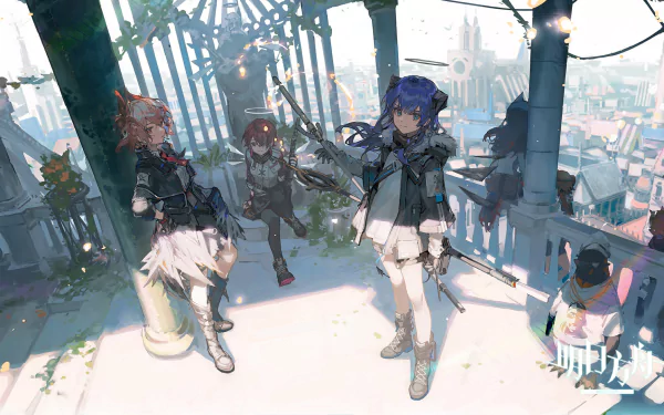 HD PC desktop wallpaper background from the video game Arknights: four operators in tactical outfits on a sunlit rooftop balcony, overlooking a sprawling cityscape.